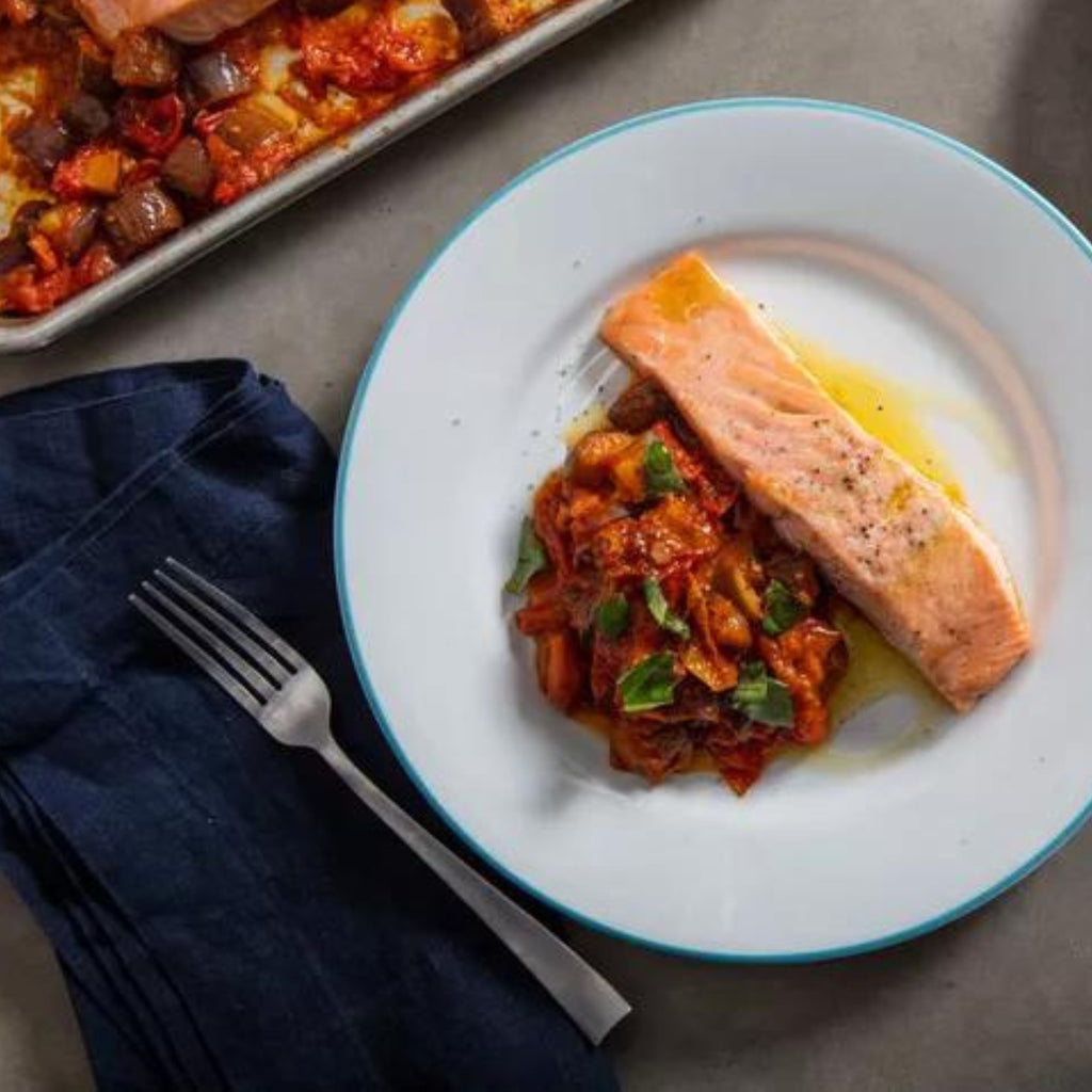 OVEN ROASTED SALMON + TOMATO EGGPLANT COMPOTE + BROWN RICE (5 Servings)