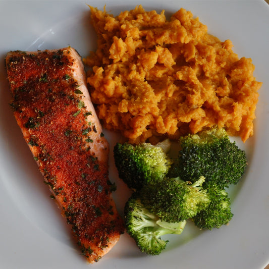 OVEN ROASTED SALMON + SWEET POTATO MASH + SAUTEED BROCCOLI WITH GARLIC (Individual Serving Size)