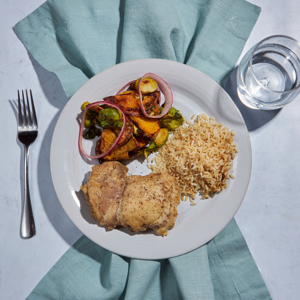ROASTED CHICKEN THIGHS + BUTTERNUT SQUASH AGRODOLCE + BROWN RICE (5 Servings)